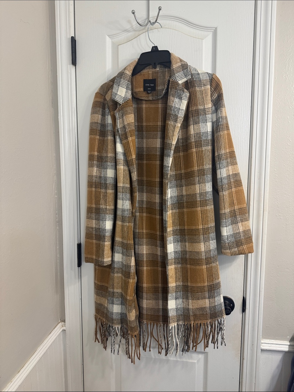 Love Tree Plaid Fringe Coatigan in Camel and Cream